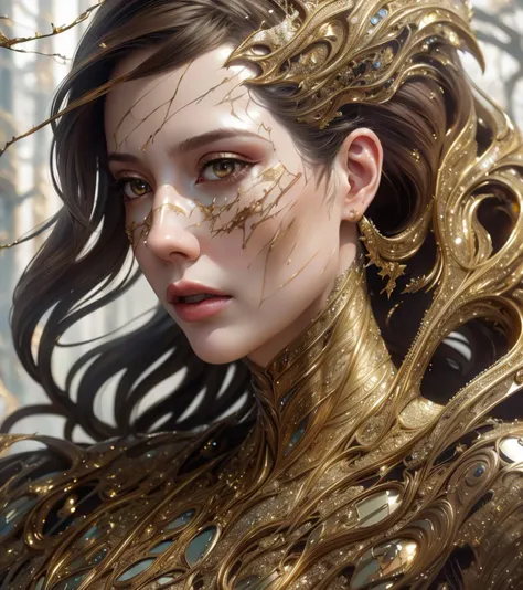 photo, 8k portrait of beautiful cyborg with brown hair, intricate, elegant, highly detailed, majestic, digital photography, art by artgerm and ruan jia and greg rutkowski surreal painting gold butterfly filigree, broken glass, (masterpiece, side lighting, ...