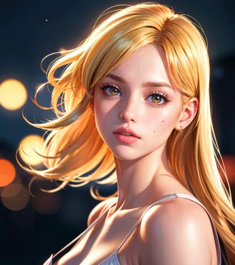 sailor moon,(8k, best quality, masterpiece:1.2),(best quality:1.0), (ultra highres:1.0), a beautiful woman, shoulder, half body portrait, extremely luminous bright design, autumn lights, 1girl, european,(blonde hair), forehead, lips, long_hair, looking_at_...