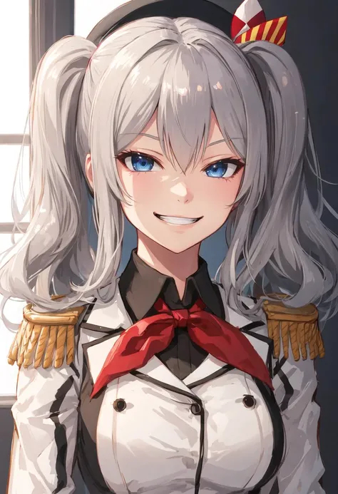 best quality, masterpiece, highres, solo, {kashima_kantaicollection:0.90}, evil_grin, evil_smile, grin, portrait, looking at viewer