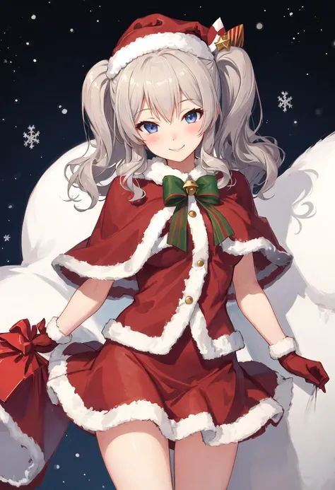 best quality, masterpiece, highres, solo, {kashima_kantaicollection:0.90}, 1girl, santa_costume, capelet, christmas, hair_bell, looking_at_viewer, santa_hat, smile, blush, aran_sweater, fur_trim, gift_box, skirt