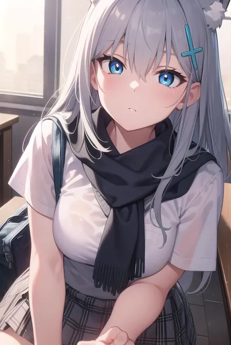 bluearchiveshiroko, <lyco:shiroko-lyco-nochekaiser:1>, 
shiroko, animal ears, blue eyes, grey hair, hair ornament, hairpin, halo, medium hair, wolf ears,
BREAK checkered clothes, checkered skirt, school uniform, skirt, scarf,
BREAK looking at viewer, 
BREA...