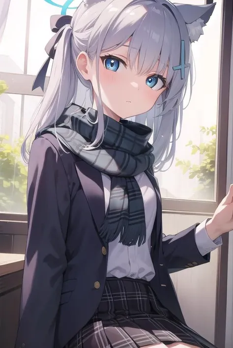 bluearchiveshiroko, <lyco:shiroko-lyco-nochekaiser:1>, 
shiroko, animal ears, blue eyes, grey hair, hair ornament, hairpin, halo, medium hair, wolf ears,
BREAK checkered clothes, checkered skirt, school uniform, skirt, scarf,
BREAK looking at viewer, 
BREA...