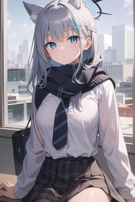 bluearchiveshiroko, <lyco:shiroko-lyco-nochekaiser:1>, 
shiroko, animal ears, blue eyes, grey hair, hair ornament, hairpin, halo, medium hair, wolf ears,
BREAK checkered clothes, checkered skirt, school uniform, skirt, scarf,
BREAK looking at viewer, 
BREA...