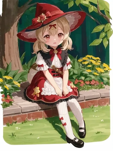 anime girl sitting on a bench in a garden with a hat