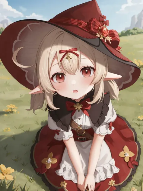 anime girl in a red hat sitting on the ground