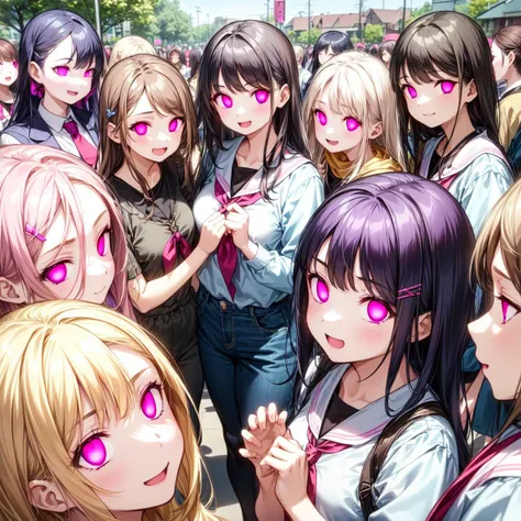 anime girls with pink eyes and long hair standing in a crowd