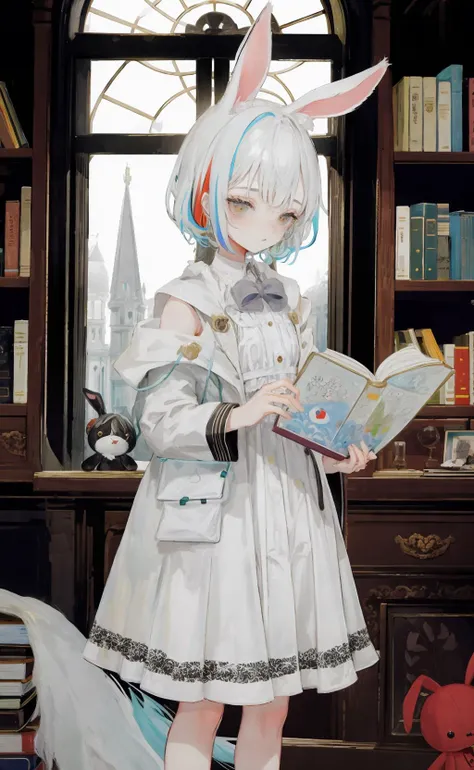 anime girl in white dress holding a book in front of a window