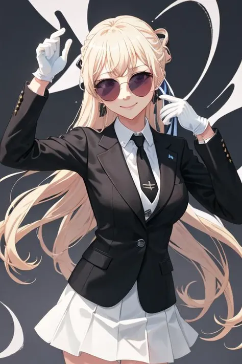 best quality, masterpiece, highres, solo, {black business suit:1.40}, {tie:1.20}, {sunglasses:1.25}, {white gloves:1.15}, {white shirt:1.10}, {black skirt:1.15}, {smoking:1.20}, handsome, {shirasagi_chisato_bangdream:1.15}, blonde_hair, bangs, long_hair, p...