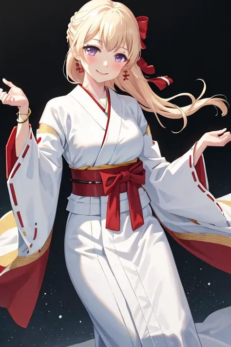 best quality, masterpiece, highres, solo, {white kimono:1.35}, {red hakama:1.35}, {wide sleeves:1.20}, {shirasagi_chisato_bangdream:1.15}, blonde_hair, bangs, long_hair, purple_eyes, blush, smile, half_updo, ribbon, jewelry