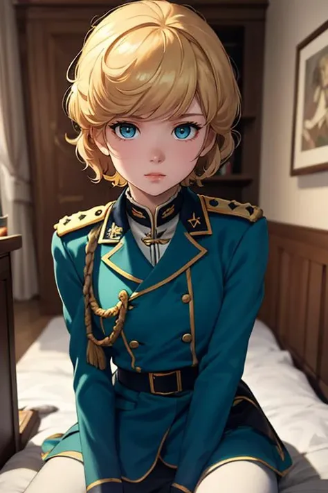 masterpiece,  (8k, RAW photo, best quality, masterpiece:1.2),  <lora:minieba:0.8>, blonde hair,  petite, child female, military uniform