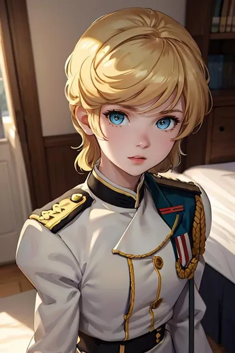 masterpiece,  (8k, RAW photo, best quality, masterpiece:1.2),  <lora:minieba:0.8>, blonde hair,  petite, child female, military uniform, speech