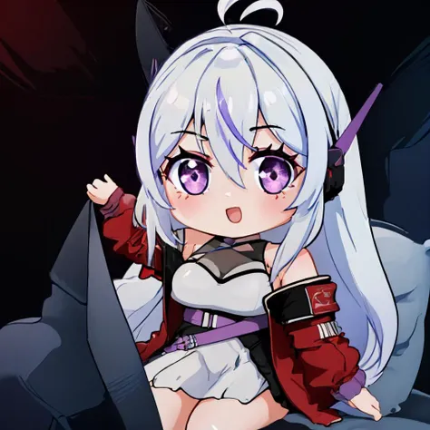 anime girl with white hair and purple eyes sitting on a couch