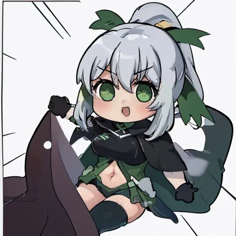 (masterpiece, best quality:1.2), english text, chibi, solo, 1girl, xbox-chan, segs, ponytail, hair ribbon, clothing cutout, stomach cutout, cape, thighhighs, gloves <lora:consolechan_xbox:0.8> <lyco:Segs:1.0>