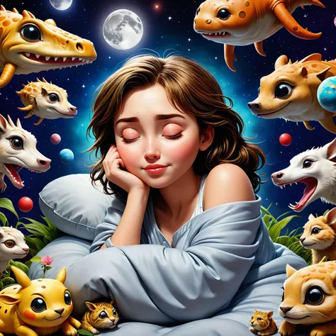 professional 3D Rendering of the personification of various creatures, wearing a sleepings, (by Peter Jackson:0.9) , an saging object in the shape of mootness (young woman s dreaming:1.1) , comforter, it is bog-bred and mileys, it is made of telescopist, v...