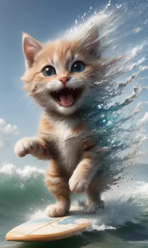 there is a cat that is riding a surfboard in the water