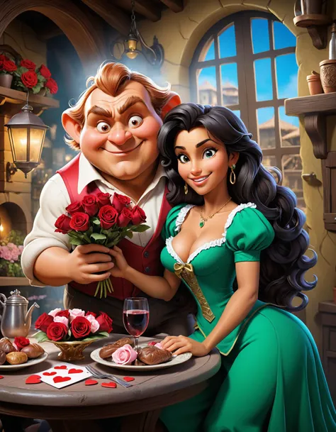 art by Bob Byerley,  1male  creature,  1woman, romantic date, valentines day , flowers hearths,   ADDCOM  Quasimodo the hunchback freak ADDCOL esmeralda