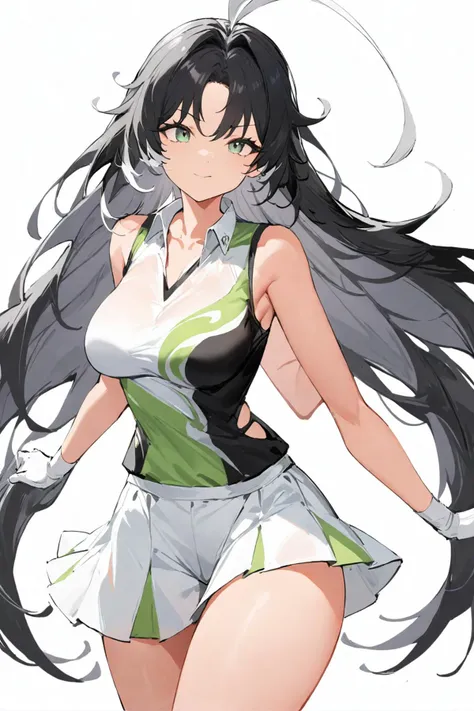 a woman with long black hair and a green and white dress