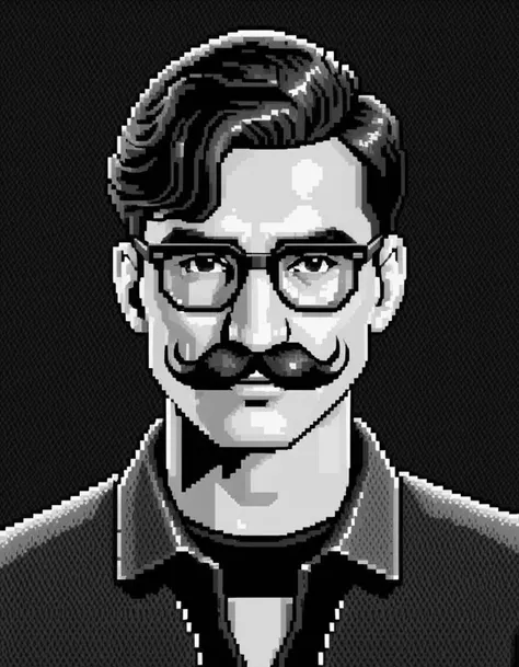 eboy style isometric pixel art, A close-up portrait of a man with moustache and glasses, looking serious into the camera. Black and white, high contrast, reminiscent of the cinematography of Freddie Young.