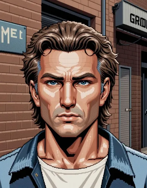 eboy style isometric pixel art, A close-up portrait of a man with matted hair and deep wrinkles. He wears a dirty white t-shirt and faded blue jeans. The background is a grungy alleyway. Film noir style.