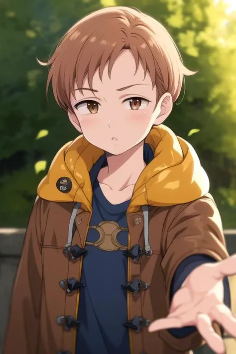 masterpiece, best quality, high quality, 1boy, solo, male focus, looking at viewer, , depth of field, <lora:king_nanatsu_no_taizai:0.74>, king_nanatsu_no_taizai, brown hair, brown eyes, , coat