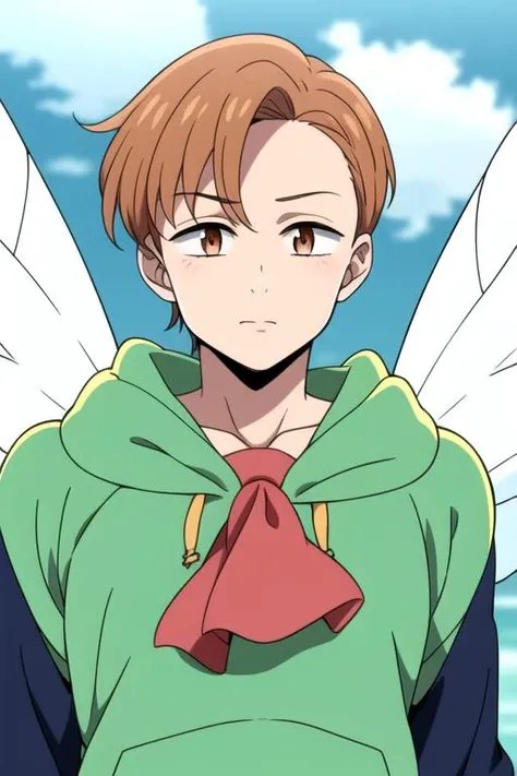 masterpiece, best quality, high quality, 1boy, solo, male focus, looking at viewer, upper body, , <lora:king_nanatsu_no_taizai:0.70>, king_nanatsu_no_taizai, , wings, white wings, fairy, ascot, hoodie