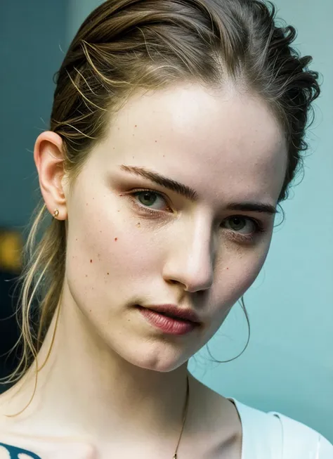 a close up of a woman with a necklace on her neck