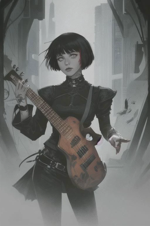 Female, grey skin, goth clothing, gothic tattoos, bard, cyberpunk-bob-cut, playing lute, dark, 4k, beautiful, color_scheme: black and red, fantasy