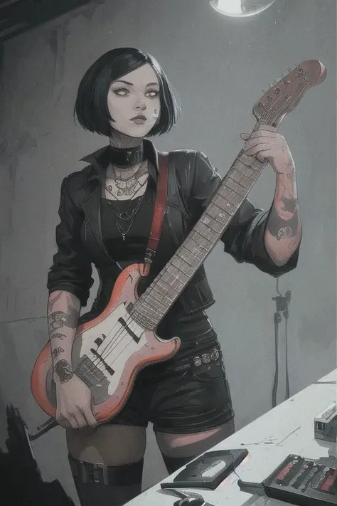 Female, grey skin, goth clothing, gothic tattoos, bard, cyberpunk-bob-cut, playing lute, dark, 4k, beautiful, color_scheme: black and red, fantasy