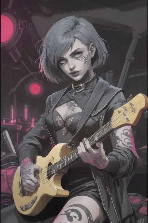 Female, grey skin, goth clothing, gothic tattoos, bard, cyberpunk-bob-cut, playing lute, dark, 4k, beautiful, color_scheme: black and red, fantasy