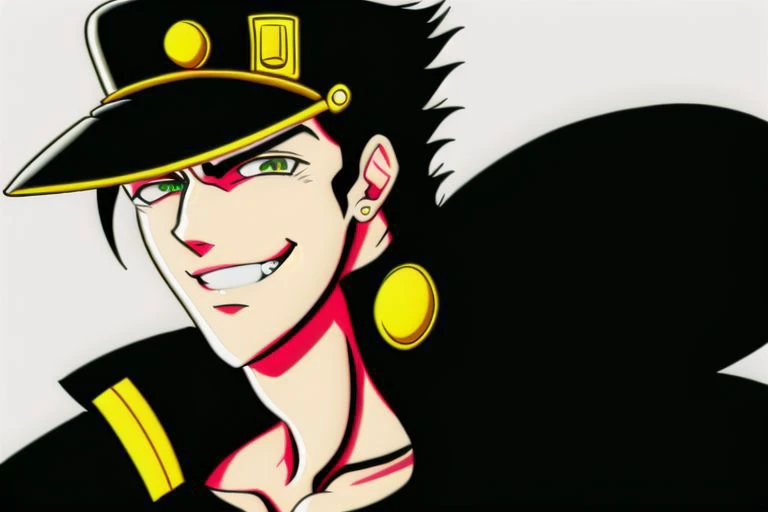 Jotaro Kujo, hat, black coat, jojo style, jjba style, grin, smile, smug expression, headshot, kujo jotaro, solo, 1boy