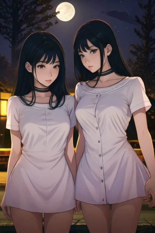 Girls with long black hair and square neck dresses are in a park with a full moon and night view at night.