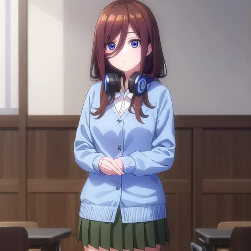 <lora:mikunakanospecial-lora-nochekaiser:1>, (((1girl))),
miku nakano, long hair, bangs, blue eyes, brown hair, shirt, hair between eyes, headphones, cardigan, headphones around neck, BREAK skirt, shirt, long sleeves, white shirt, pantyhose, pleated skirt,...