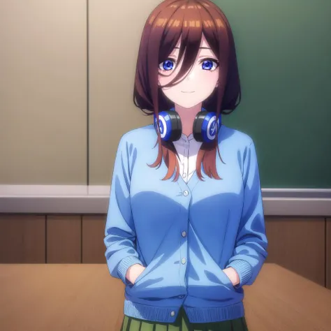 <lora:mikunakanospecial-lora-nochekaiser:1>, (((1girl))), smile,
miku nakano, long hair, bangs, blue eyes, brown hair, shirt, hair between eyes, headphones, cardigan, headphones around neck, BREAK skirt, shirt, long sleeves, white shirt, pantyhose, pleated...