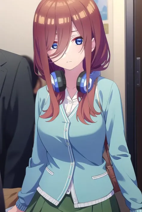 mikunakano, <lora:miku nakano s2-lora-nochekaiser:1>, 
miku nakano, long hair, bangs, blue eyes, brown hair, shirt, hair between eyes, headphones, cardigan, headphones around neck,
BREAK skirt, shirt, long sleeves, white shirt, pantyhose, pleated skirt, bl...