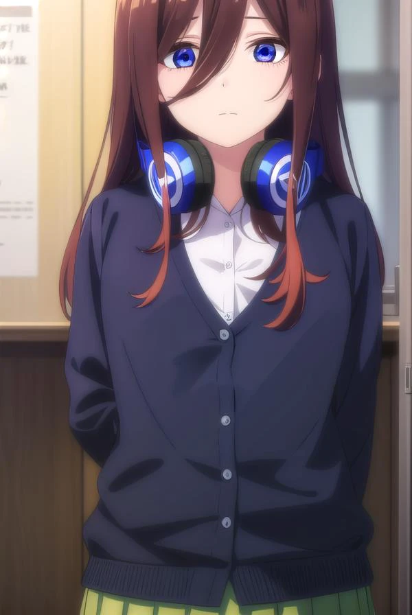 mikunakano, <lora:mikunakanospecial-lora-nochekaiser:1>, 
miku nakano, long hair, bangs, blue eyes, brown hair, shirt, hair between eyes, headphones, cardigan, headphones around neck,
BREAK skirt, shirt, long sleeves, white shirt, pantyhose, pleated skirt,...