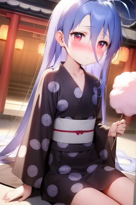 anime girl with blue hair and a black kimono sitting on the ground