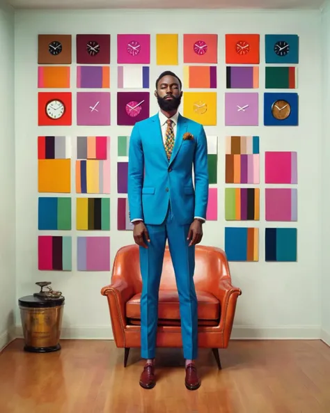 a man with a beard wearing a colorful suit and tie is standing in a room with a chair and a clock on the wall, Chinwe Chukwuogo-Roy, complementing colors, a photorealistic painting, by Malcolm Harrison , white color scheme , fashion photography<lora:Color_...