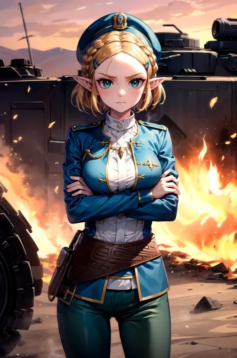 (masterpiece, best quality, detailed), 1girl, solo, aazelda, short hair, crown braid, hairclip, pointy ears, looking at viewer, 
military uniform, military, soldier, belt, green pants, military hat, black jacket, world war ii, war, military vehicle, battle...