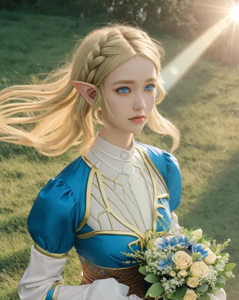 <lora:zelda_1:1.3>,blonde hair,princess zelda holds a bouquet on right hand,absurdres,grasslands,(1girl:1.5),short hair,Tyndall effect,elf ears,blue eyes,round face,bridal_gauntlets,lens_flare,dynamic_angle,full_shot,