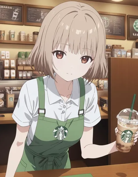 1girl,
<lora:oomuronadesikoXL1:0.8>,oomuronadesiko,
brown eyes, short hair,brown hair,
<lora:starbuniXLv1:0.6>,starbuni, emblem,green apron,starbucks, holding cap, 
looking at viewer, from above,
masterpiece, best quality, ultra detailed, highres,4k,(ultra...