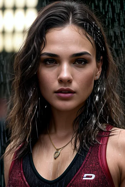 beautiful young woman (EPG41G4d0t:.99), perfect hair, jewellery, ((portrait)), (closeup:1.2), ((from the waist up)), (((  heavy rain, raining :1.2 ))), natural skin texture,  ((  Sleeveless basketball jersey, Basketball shorts, high-top basketball shoes, w...