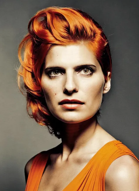 analog style, modelshoot style, portrait of sks woman by Flora Borsi, style by Flora Borsi, bold, bright colours, orange Mohawk haircut, ((Flora Borsi)), <lora:locon_lake_v1_from_v1_64_32:1.4>