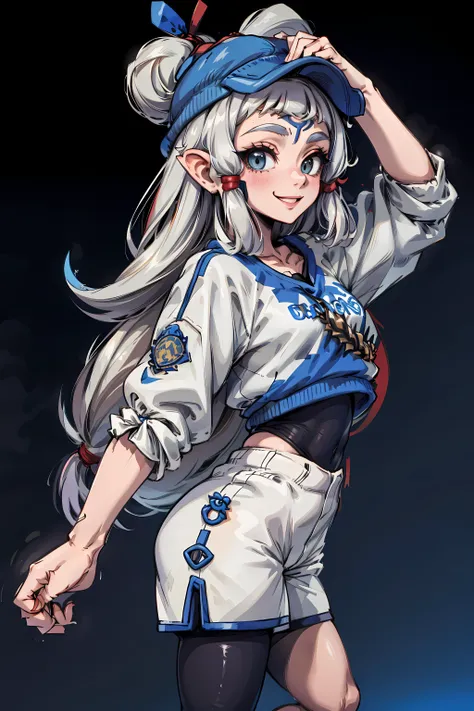 masterpiece, best quality, high resolution, 1girl, solo, Impa, YoungOutfit, <lora:Zeldaimpav2:0.8>,  smile, happy, standing, (((white shorts))), black leggings, (((royal blue sweatshirt))), backwards baseball cap, street background,