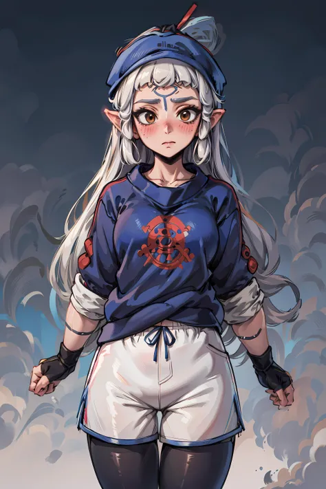 masterpiece, best quality, high resolution, 1girl, solo, Impa, YoungOutfit, <lora:Zeldaimpav2:0.8>,  shy, blushing, standing, (((white shorts))), black leggings, (((royal blue sweatshirt))), backwards baseball cap, street background,