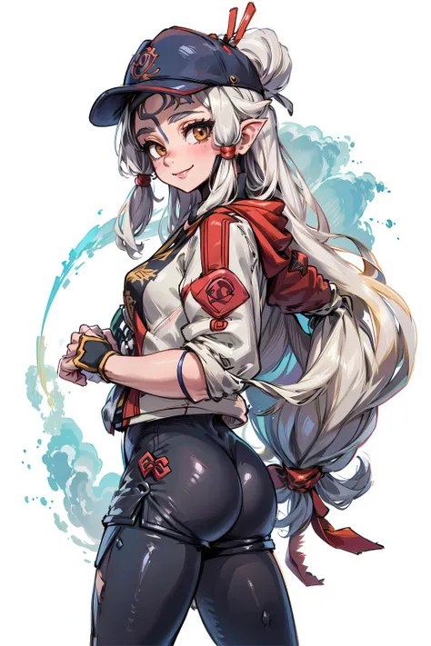 masterpiece, best quality, high resolution, 1girl, solo, Impa, YoungOutfit, <lora:Zeldaimpav2:0.8>,  smile, standing, white sports shorts, black leggings, royal blue sweatshirt, backwards baseball cap,