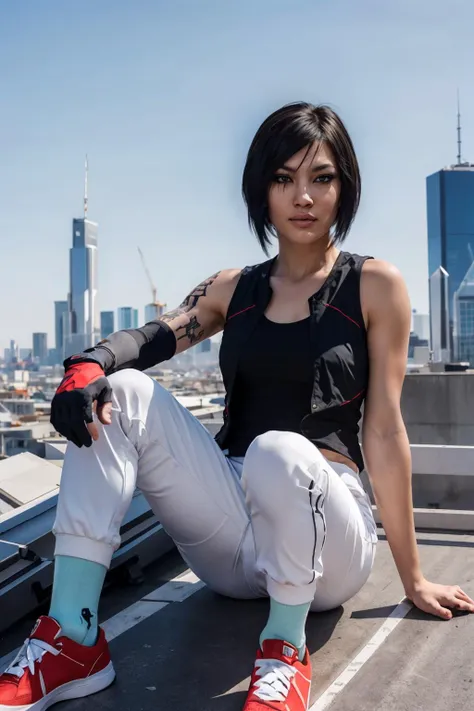 mefaith, short black hair, black eyes, shoulder tattoo, small breasts, vest, tank top, elbow guard,gloves, white jogger pants, red shoes, looking at viewer, serious, smirk,sitting, on building roof, from_below, outside, cityscape, blue sky, high quality, m...