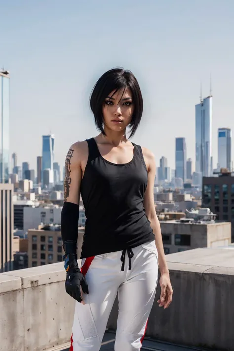 mefaith, short black hair, black eyes, shoulder tattoo, small breasts,  tank top, elbow guard,gloves, white jogger pants, looking at viewer, serious, standing, medium shot, outside, cityscape, building roof, high quality, masterpiece, <lora:ME_FaithConnors...