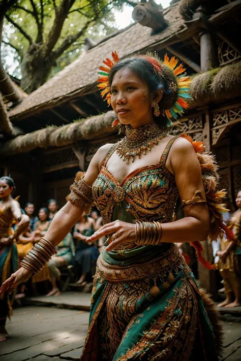 a woman in a colorful dress is dancing in a courtyard