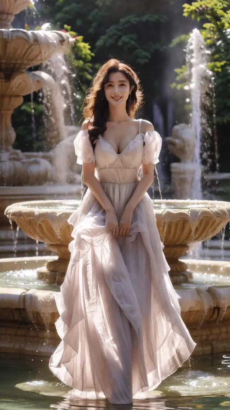 a woman in a dress sitting on a fountain in front of a fountain