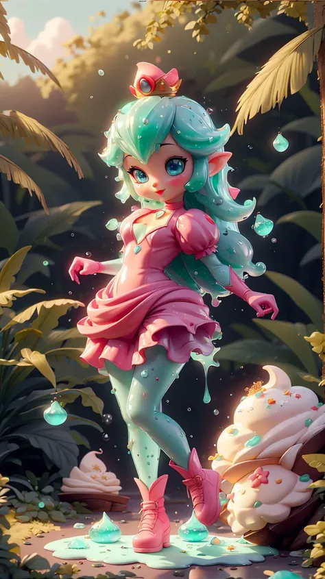 a cartoon girl with green hair and pink dress standing in the woods